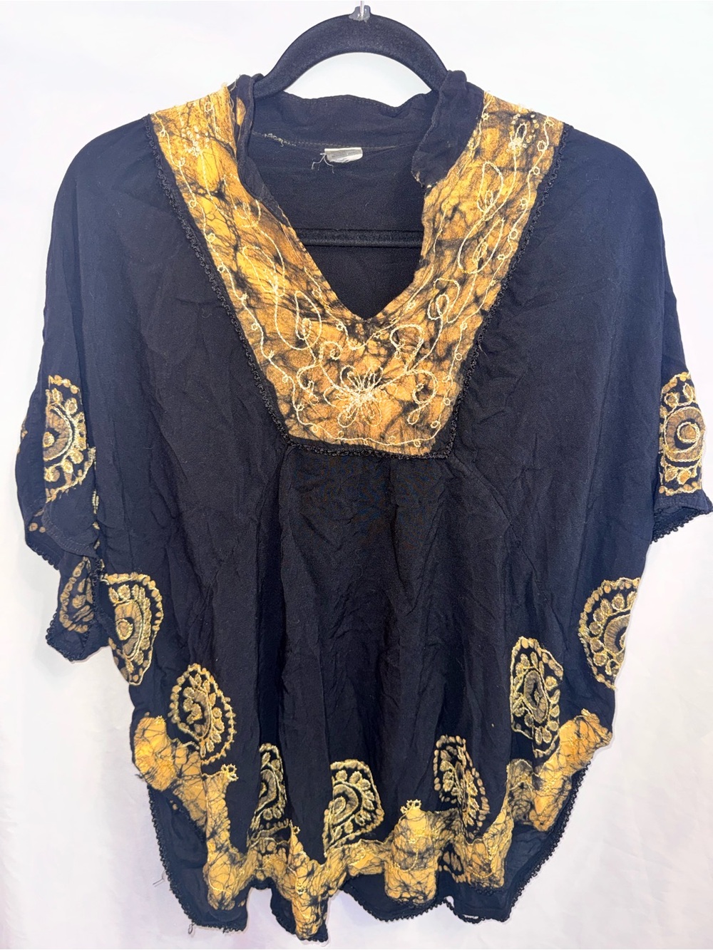 Black Tunic Top with Gold Embroidered V-Neck
